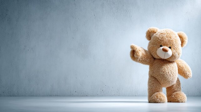 Cute plush teddy bear waving on gray concrete wall background with copy space for children concept