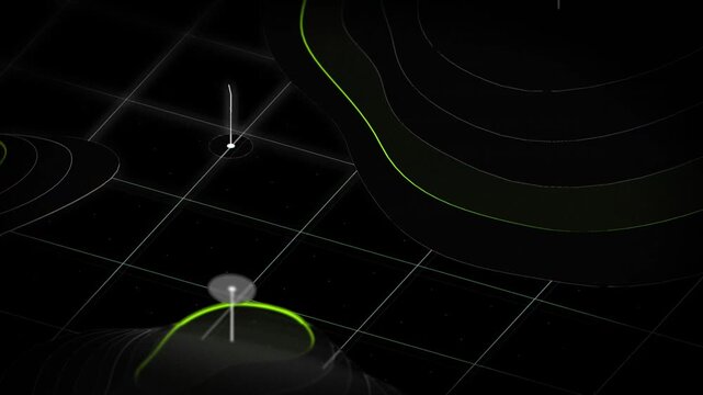 Topographic data visualization featuring interconnected network nodes and glowing green contour paths for complex system analysis and digital twin technology