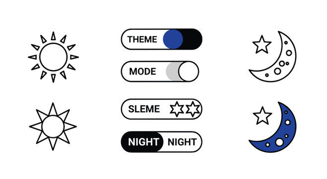 Set of user interface toggle switches for theme and night mode settings showcases modern web design elements and dark mode accessibility options.