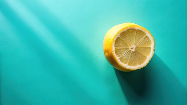 A zesty half lemon slice on a vibrant teal background, bathed in sunlight, creating a refreshing summer image perfect for design projects and culinary themes.