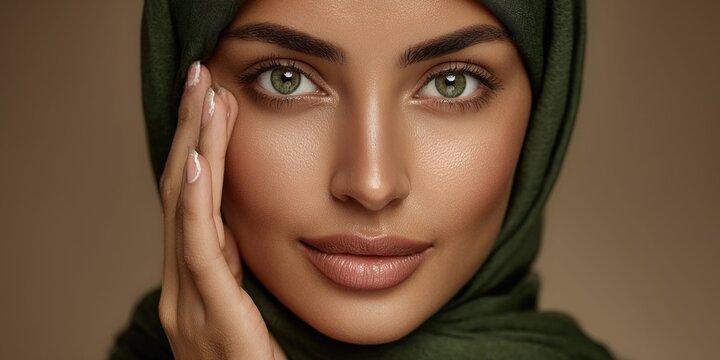 Close-up portrait of a Saudi woman with green eyes gently touching her face with her hand