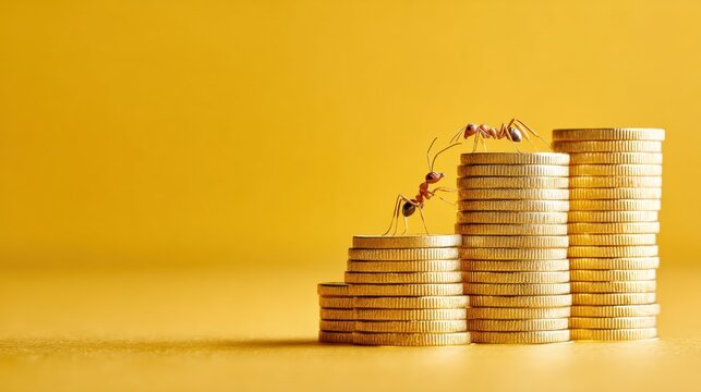 Two ants climbing stacked gold coins on yellow background symbolizing savings growth and teamwork