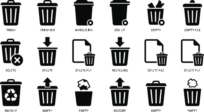 Flat trash and recycling icon set with different actions for digital use