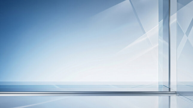 Glass wall background featuring a sleek modern architectural corner with blue light reflections and clean geometric lines for professional corporate design and display purposes