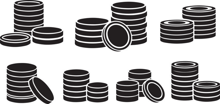 Black coin stacks, money icons, financial illustrations, vector graphics