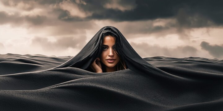 Mysterious woman emerges from dark desert dunes under stormy skies