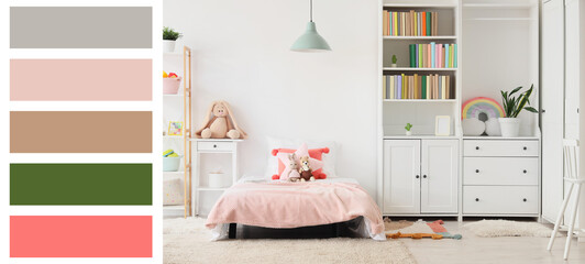 Naklejka premium Interior of light children's room with bookshelf, bed and toys