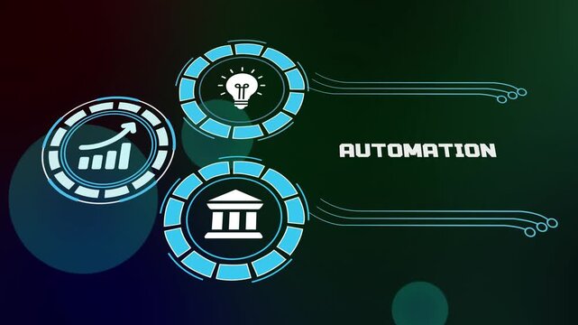 Industrial automation and smart robotic process management. Digital icons representing automated systems, efficiency, and hands-free business operations.
