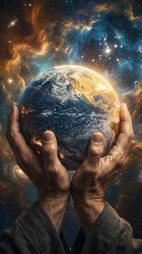 Divine universal genesis: God creator, sacred concept, planet origin, earth form, celestial hold, life impart, world preserve, cosmic power.