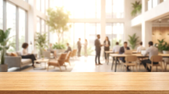 Wooden table top mockup with blurred sunny modern office atrium background for professional product display