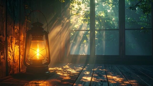 A glowing lantern illuminates a rustic cabin interior. Sunlight streams through a window