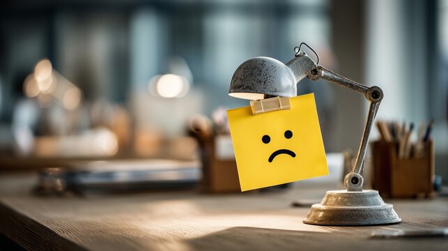Yellow Sticky Note with Sad Face Emoticon Clipped to Desk Lamp, Concept for Employee Burnout, Job Dissatisfaction, and Workplace Stress