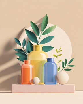 Minimal still life with colorful glass bottles and green leaves on a neutral backdrop