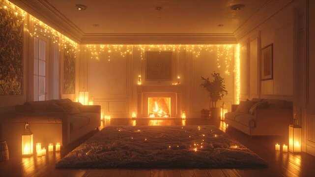 Cozy room glows with firelight & string lights, featuring a fireplace, sofas & candles