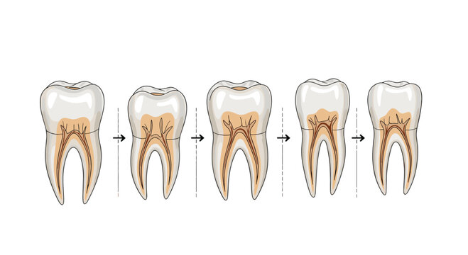 Sequential dental diagram showing stages of tooth decay from healthy enamel to deep infection and cavity formation.