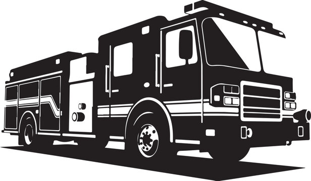 Fire truck, emergency vehicle, rescue truck, black and white vector