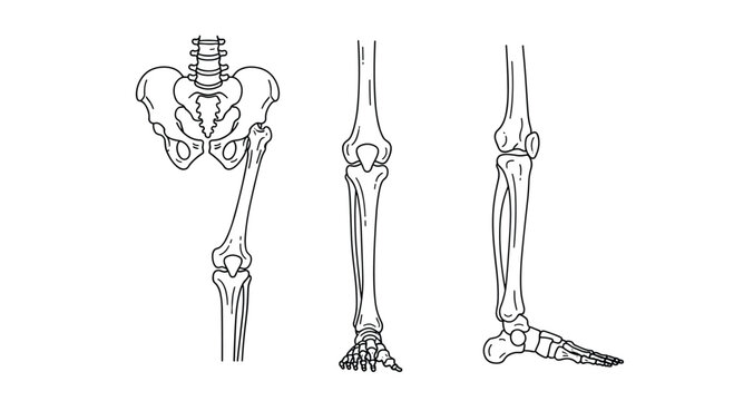 Medical sketches of the human lower body skeleton including hip joint knee joint and foot bones from different angles.