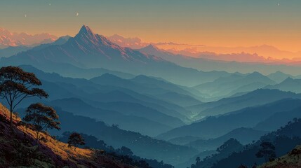Fototapeta premium Layered mountain range bathed in soft sunset hues, distant stars