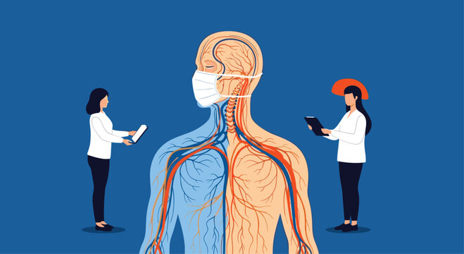 Medical illustration of a human profile with a face mask and internal circulatory system with two female assistants.