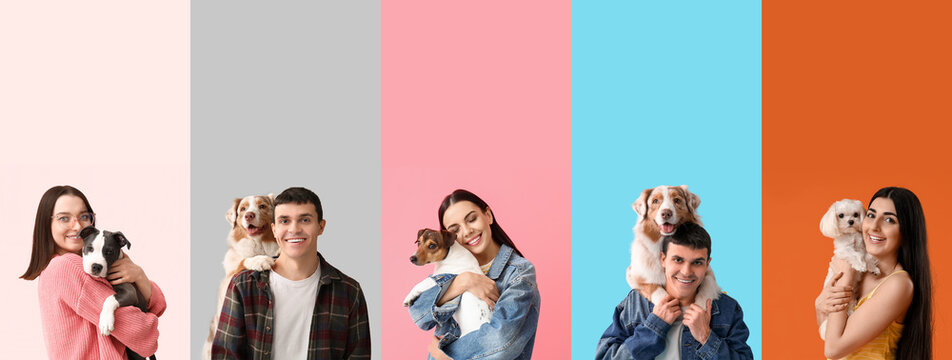 Set of owners with their dogs on color background