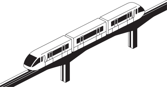 Monorail, train on elevated track, black and white vector, transportation icon, rail transport