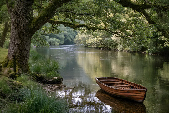 Wooden rowing boat floating on calm river surface