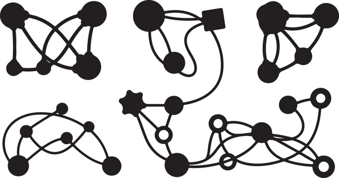 Black molecular structure, chemistry icons, science symbols, vector graphics