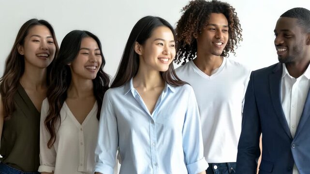 多国籍の若い男女グループが並んで笑顔を見せる人物ポートレート風景