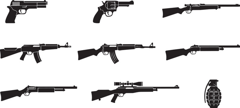 Black and gray of rifles with scopes and a handgun black rifle gray rifle handgun