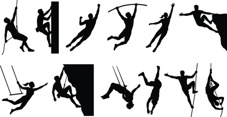 Extreme sports silhouette collection with climbing, rope jumping, acrobatic movement and adventure activity vector set © MstHalima
