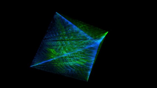 Abstract blue pyramid with internal green neon wiring patterns and water surface reflections for a data center and network concept