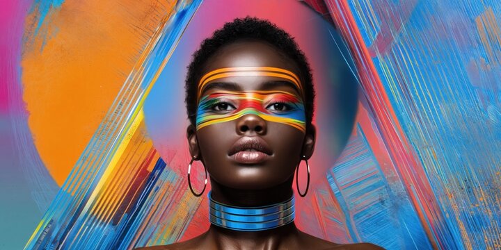 Afrocentric futurism portrait with vibrant face paint and bold geometric background