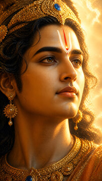Realistic portrait of Lord Ram with golden ornaments and majestic expression, Hindu mythology art