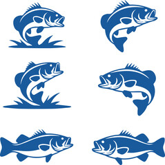Obraz premium Jumping Bass Fish Vector Silhouette Set for Fishing Logo Design