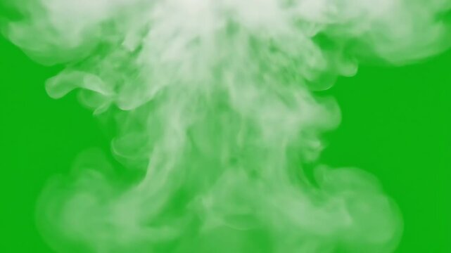 Dense white steam plumes rising upward across a vibrant green screen canvas representing energy motion and ethereal gas diffusion effects for creative digital projects requiring dynamic