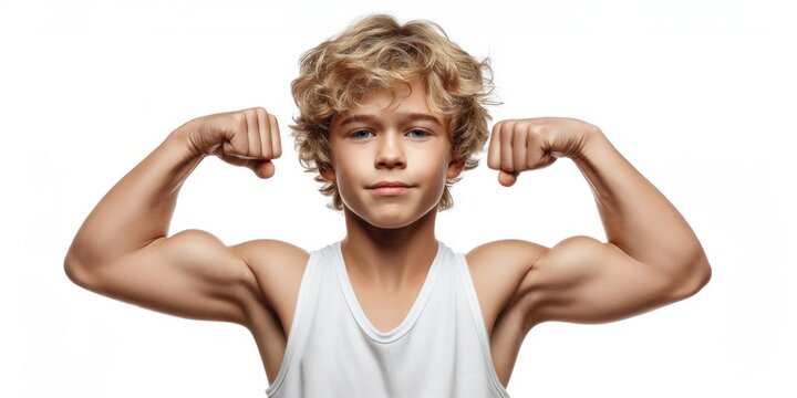 Young boy flexing muscular arms, showing strength and healthy development