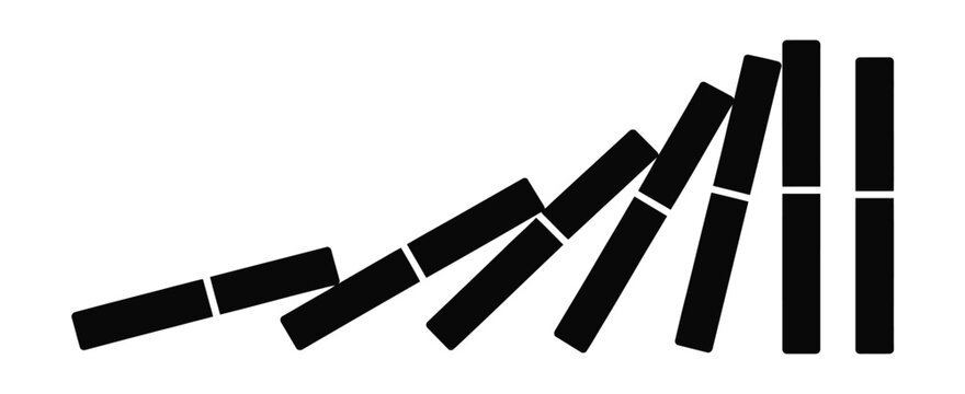 Silhouette of falling domino tiles representing the domino effect chain reaction causality and sequential failure in a minimalist vector style.