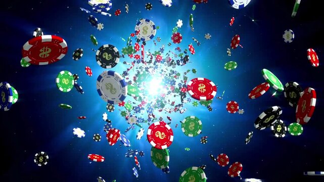 Casino Poker Chips Flying Forward on Blue Background