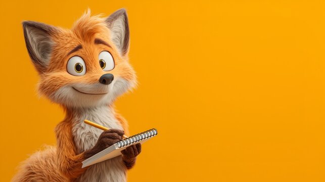 Cute Animated Fox Character Holding Notebook and Pencil for Planning and Creative Writing - Storytelling, Organization, Mascot Design, Childhood Learning