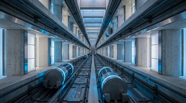 Looking Up Massive Elevator Shaft with Glowing Maglev Pods