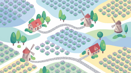 Naklejka premium A stylized illustration of a countryside landscape with windmills and fields.