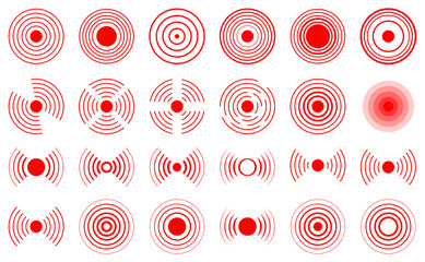 Fototapeta premium Abstract red radar signal wave icon set with circular sound pulse and radio frequency symbols. Vector illustration.