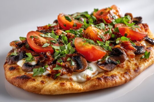 Flatbread pizza with mushroom tomato and fresh herb toppings on white background