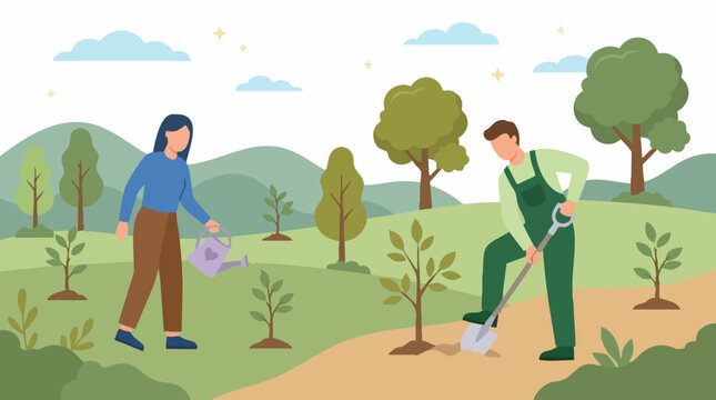 Man and woman planting and watering trees in a green natural landscape