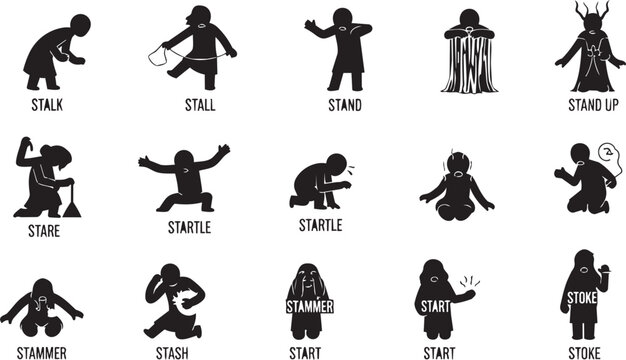 Black and white minimalist of human poses and actions in style human figures