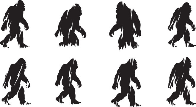 Bigfoot silhouettes, Sasquatch icons, monster graphics, vector set