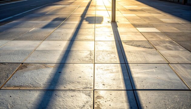 Long shadows of street poles on stone tile pavement during golden hour sunset
