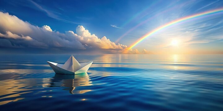A solitary paper boat navigates tranquil waters towards a vibrant double rainbow arching over a serene sunset sky