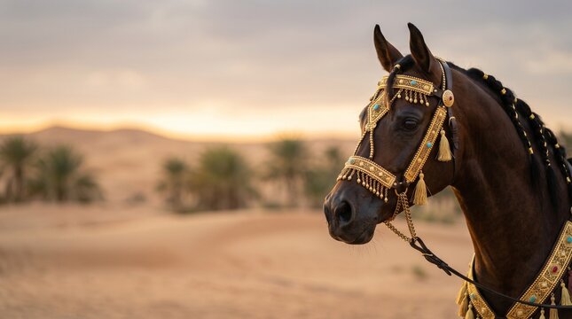 Arabian horse wearing ornate golden bridle at sunset in desert landscape