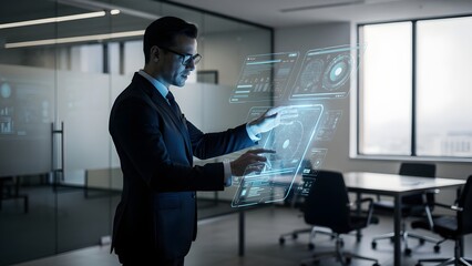 Fototapeta premium A man in a suit interacts with a futuristic holographic interface in a modern office conference room with a large window.